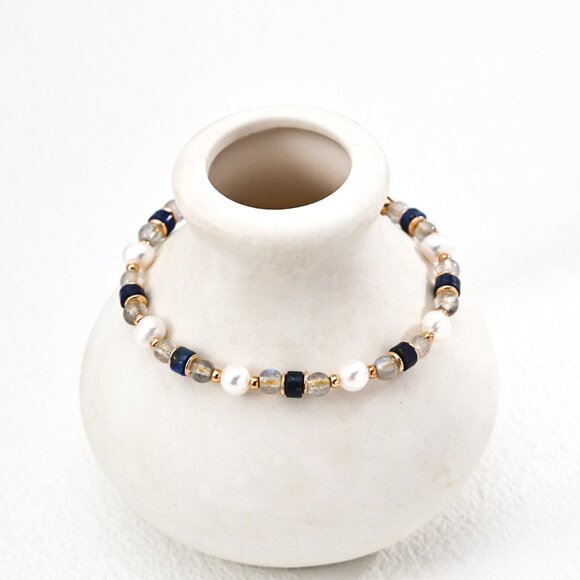 ✨ Artisan Original Design Labradorite, Lapis & Pearl Beaded Bracelet | S925 - Picture 1 of 5